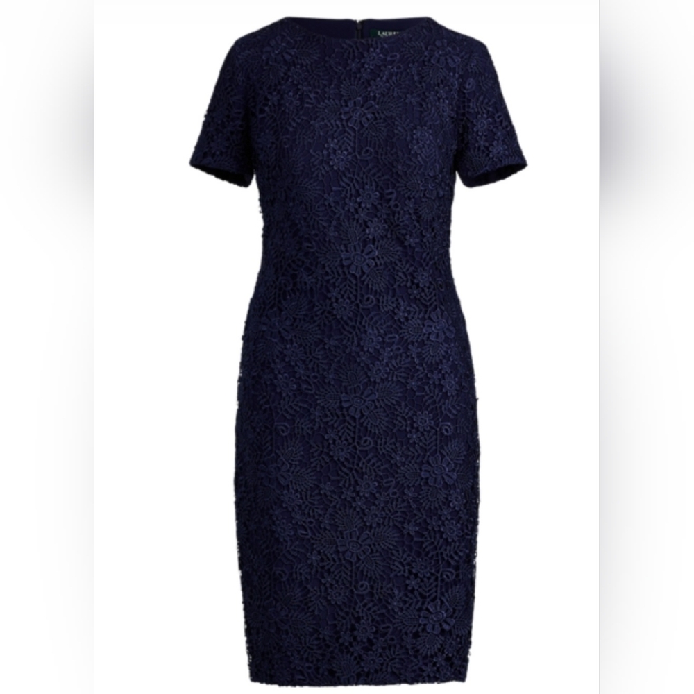 Women's Lauren Ralph Lauren Indigo Blue Floral Lace Short Sleeve Dress Size 2